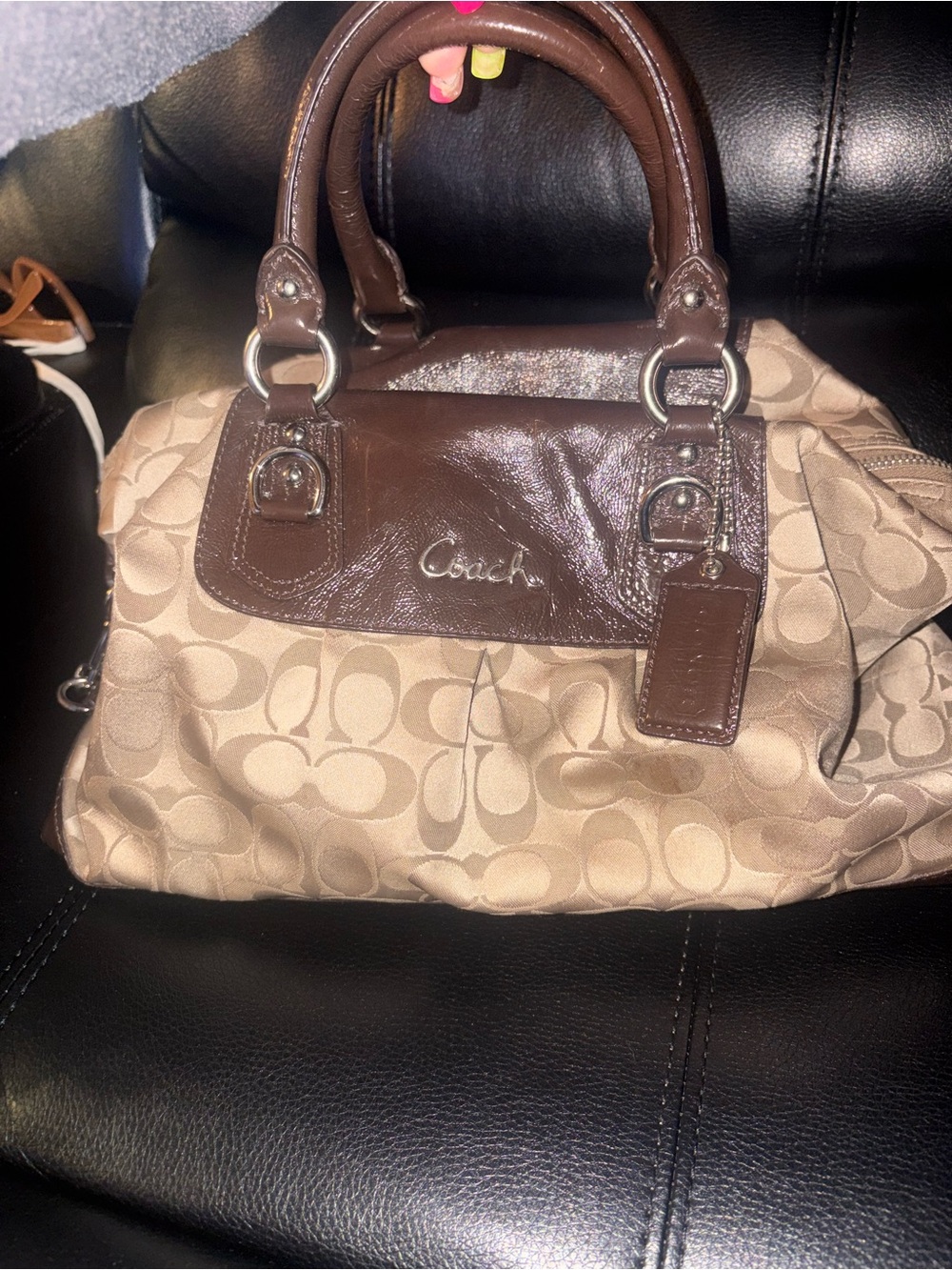 Coach Two-Tone Khaki Signature Satchel with Dark Brown Leather Trim